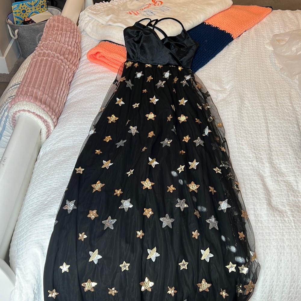 Aqua XS maxi formal dress - silver and gold stars